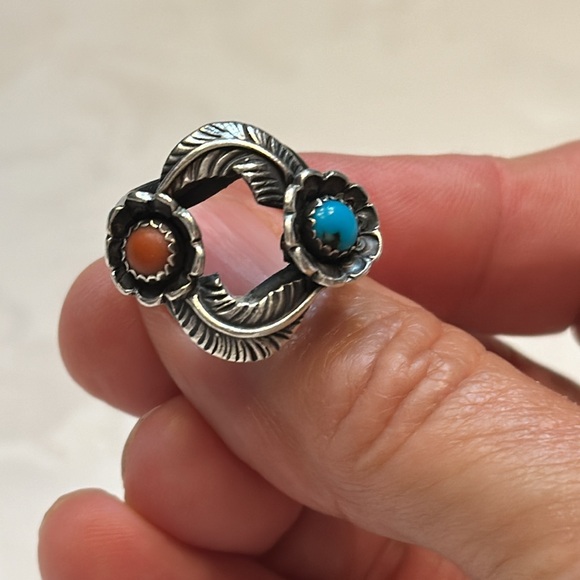 RARE Circle Leafs Vintage Native American Navajo Turquoise Coral Sterling Silver - Picture 5 of 7